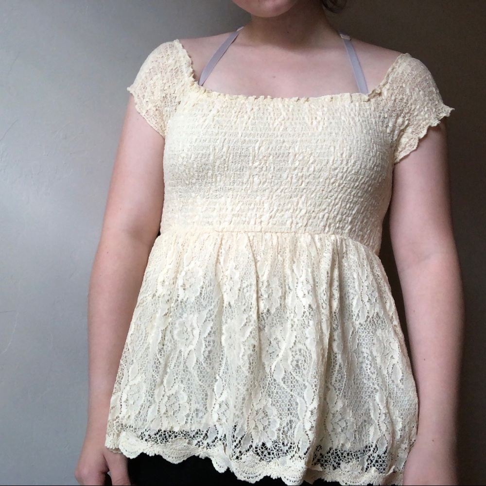 Altar'd State Cream Lace Peplum Smocked Top